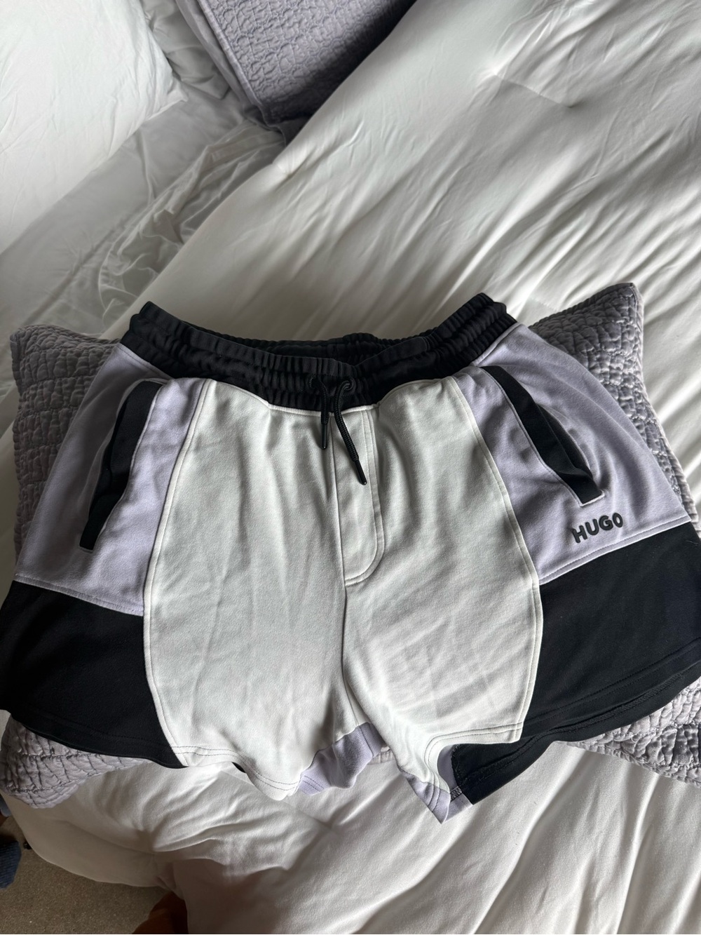 HUGO Black, White & Light Gray Athletic Colorblock Shorts